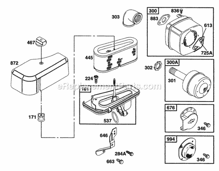 Air Cleaner Grp Muffler Grp Diagram and Parts List for 28C702-0015-01  Briggs and Stratton Engine